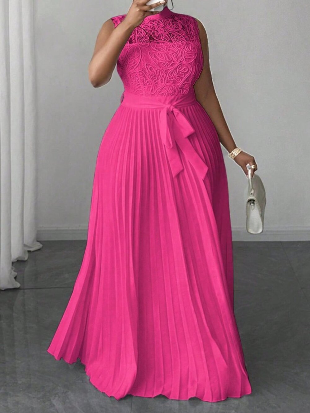 Hot Pink Elegant Women's Plus Size Lace Pleated Waist Sleeveless Dress - Picture 3 of 7